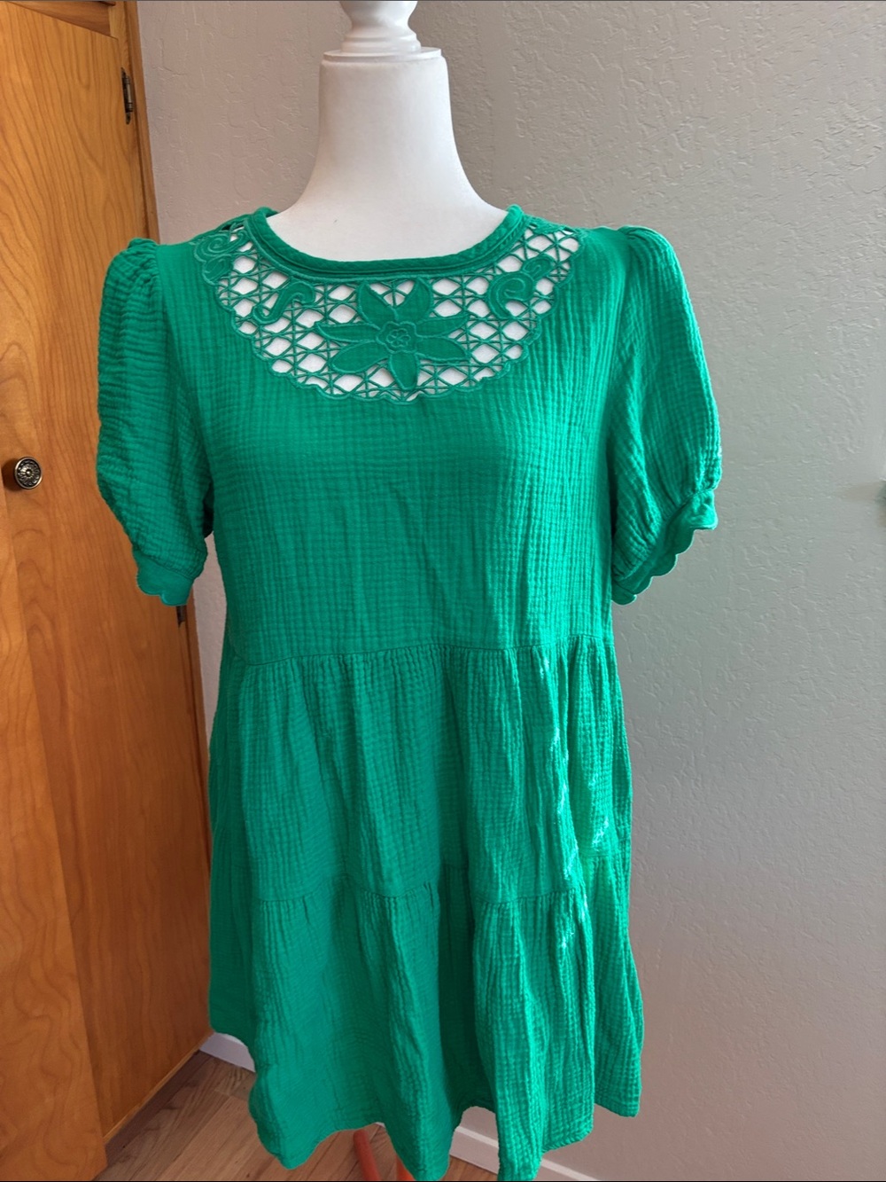 Gigio Green Women's Lace Yoke Short Sleeve Babydoll Dress 100% Cotton